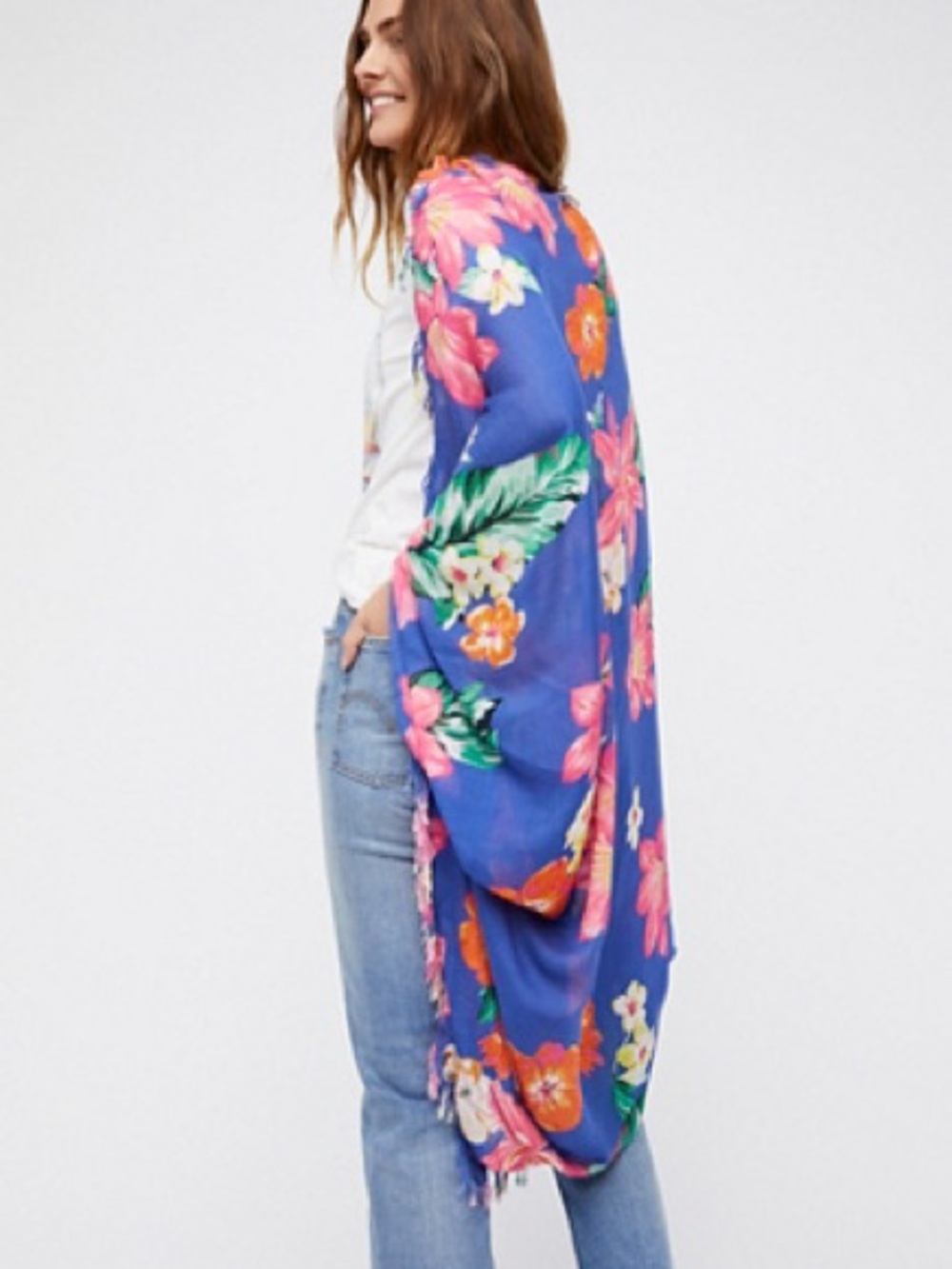 Free People Good Vibrations Printed Cocoon Bright Blue Floral Kimono Duster